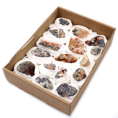 Alt Tag: Natural Barite & Sericite Specimens – 60-Piece Collection mineral set in cardboard box with individually wrapped assorted specimens