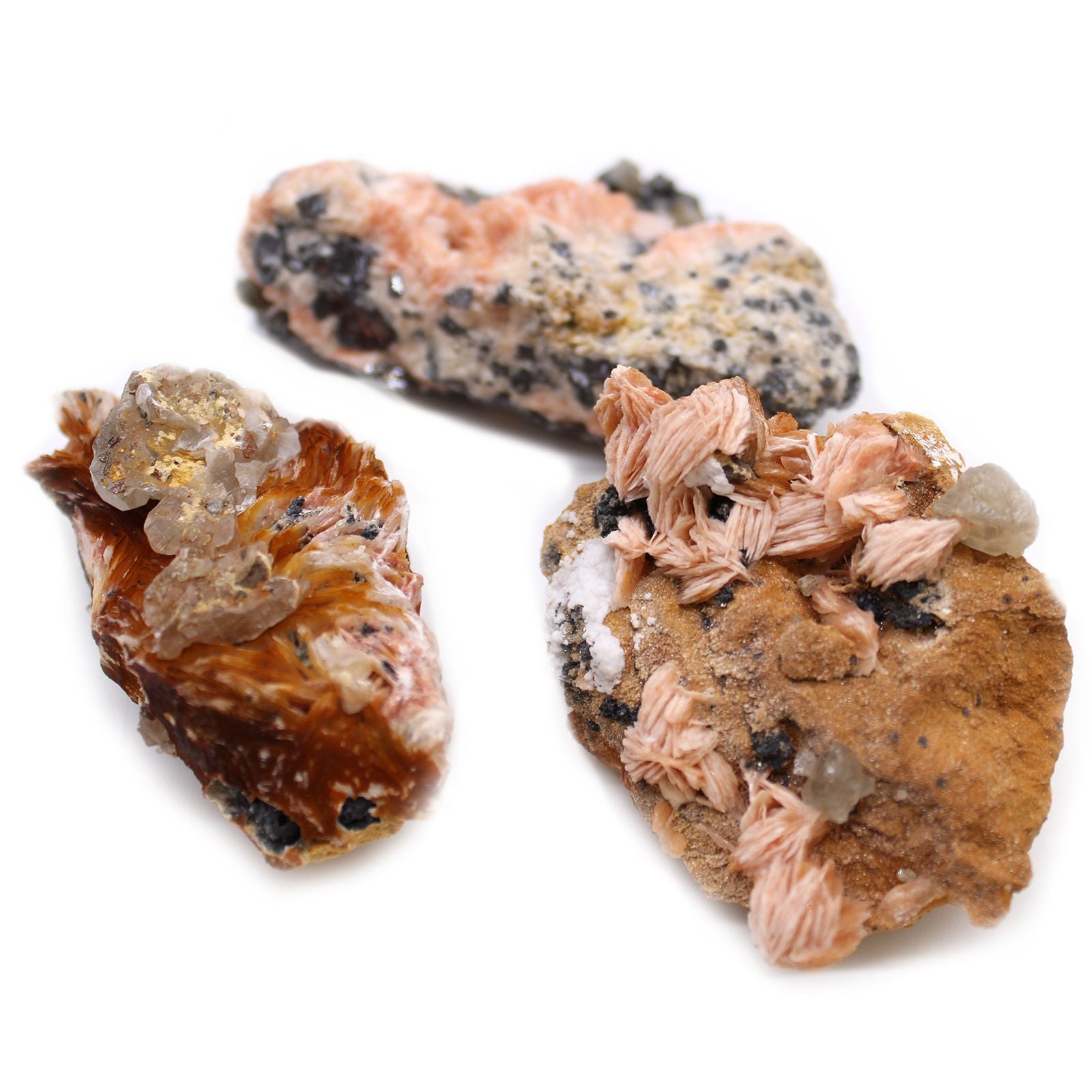 Natural Barite & Sericite Specimens – 60-Piece Collection mineral samples with barite crystals and sericite clusters on white background