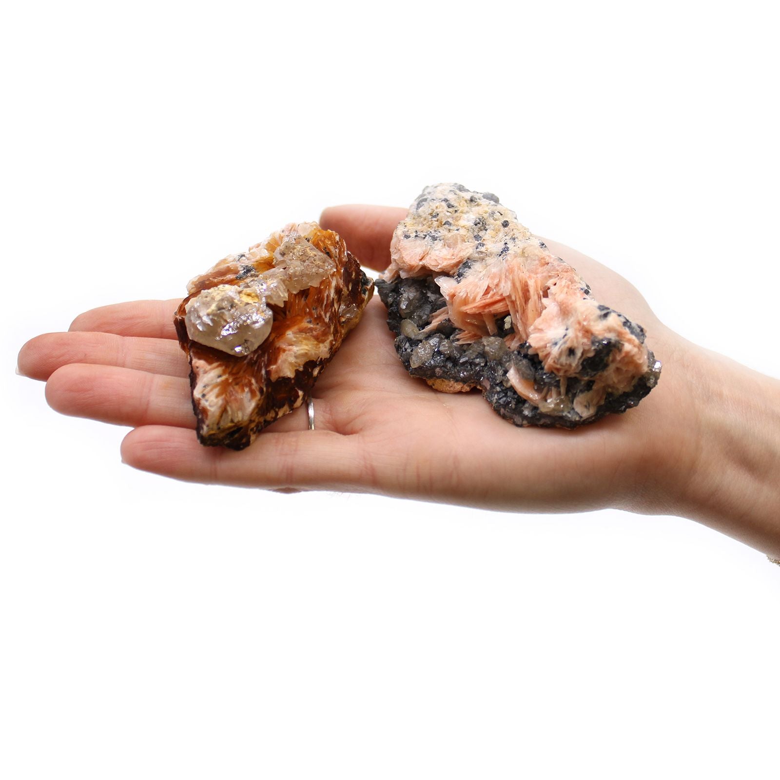 Natural Barite & Sericite Specimens – 60-Piece Collection, two mineral specimens in hand showing barite crystals and sericite
