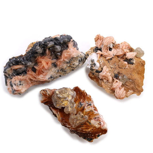 Alt Tag: Natural Barite & Sericite Specimens – 60-Piece Collection featuring barite and sericite mineral clusters in natural pink, white and brown hues