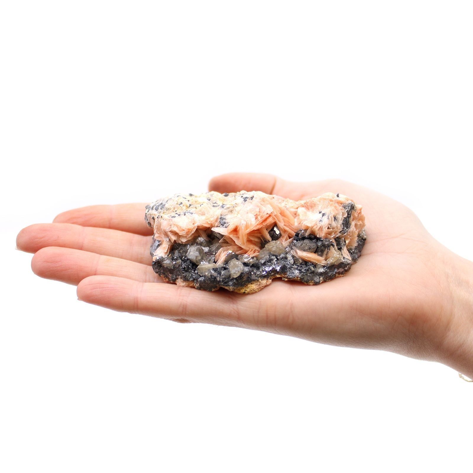 Natural Barite & Sericite Specimens – 60-Piece Collection mineral specimen shown in hand, barite crystal cluster with sericite