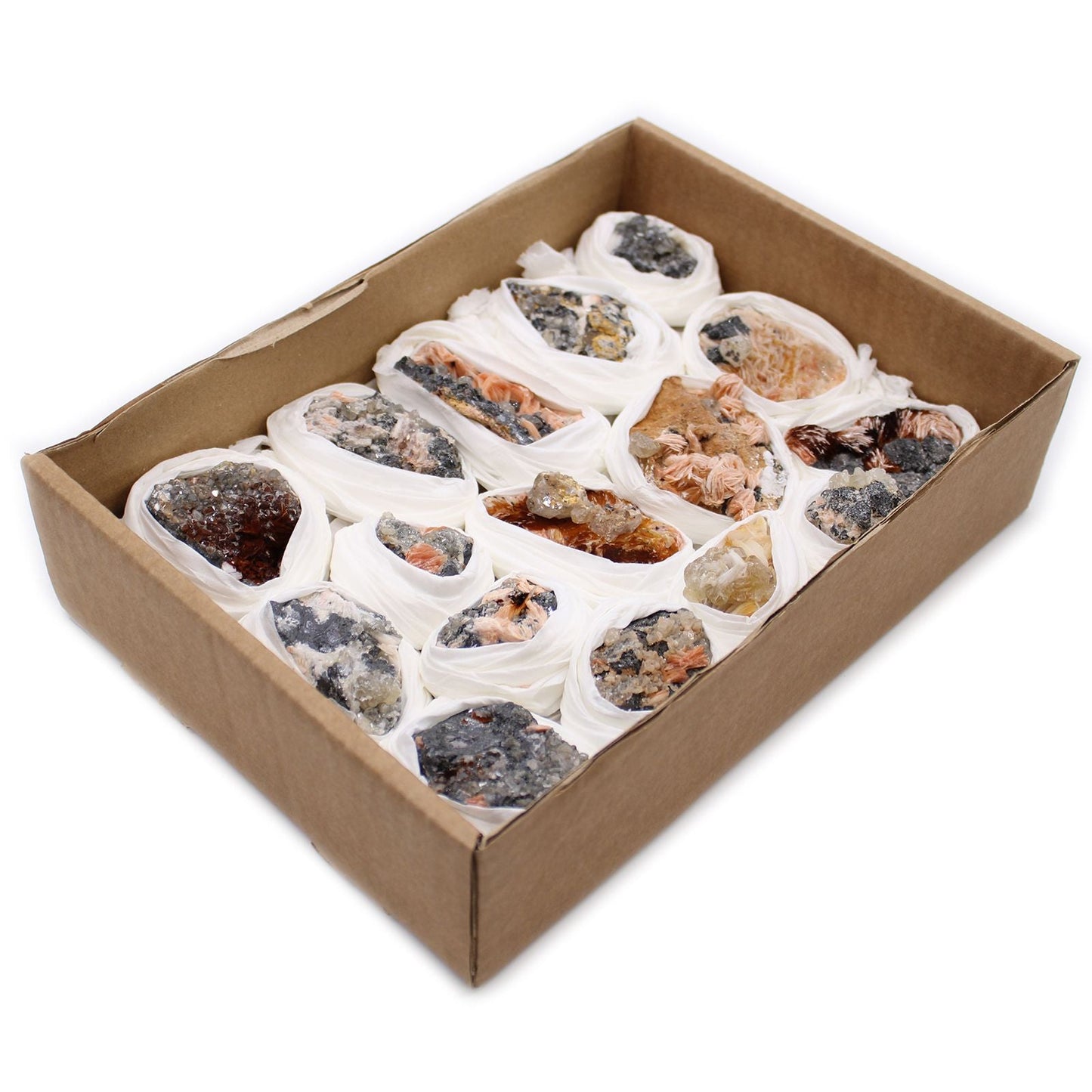 Natural Barite & Sericite Specimens – 60-Piece Collection in tray with assorted mineral specimens wrapped in protective white mesh