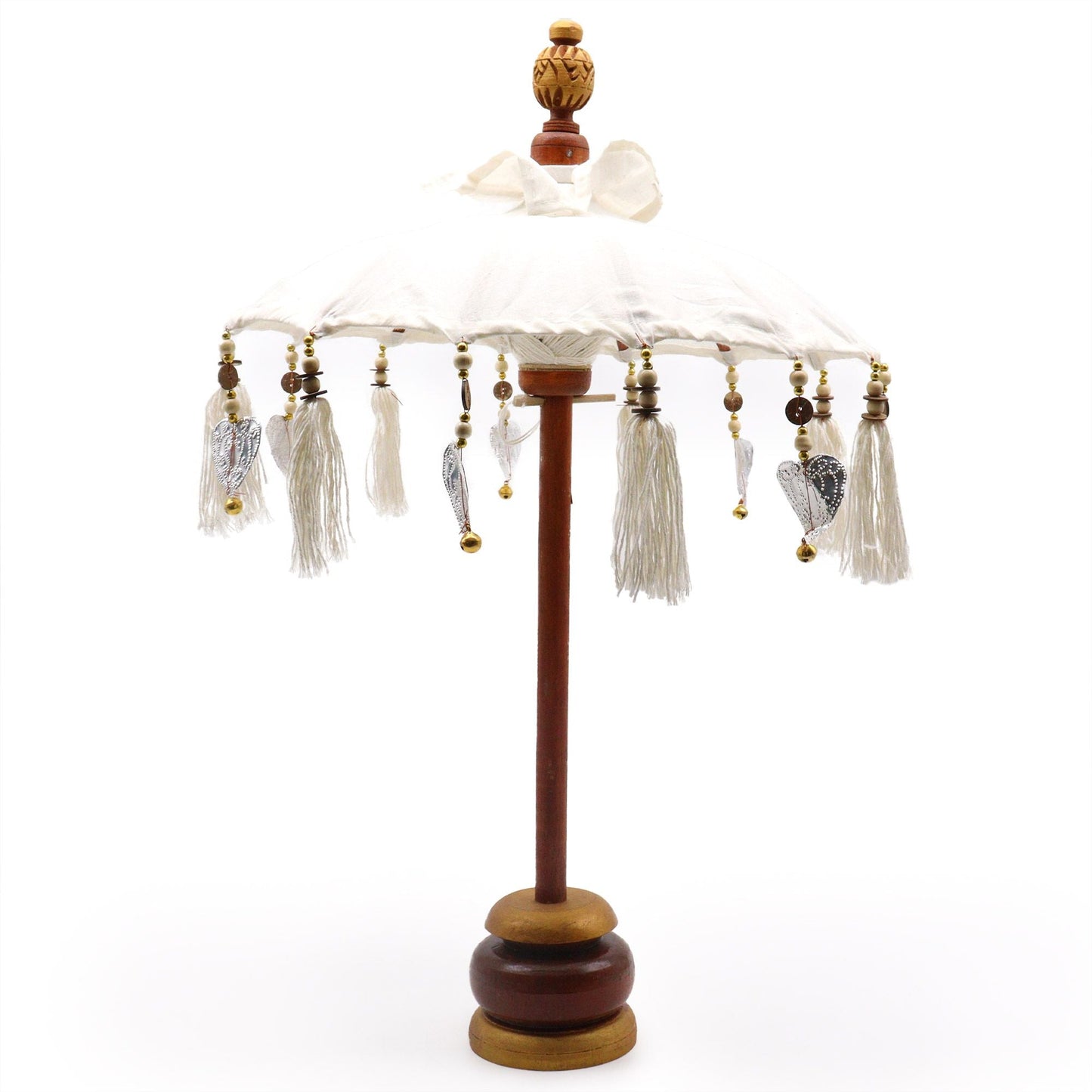 Alt Tag: Natural Canvas Bali Parasol – 40 CM, parasol decorativo de lona natural con base de madera y borlas blancas colgantes