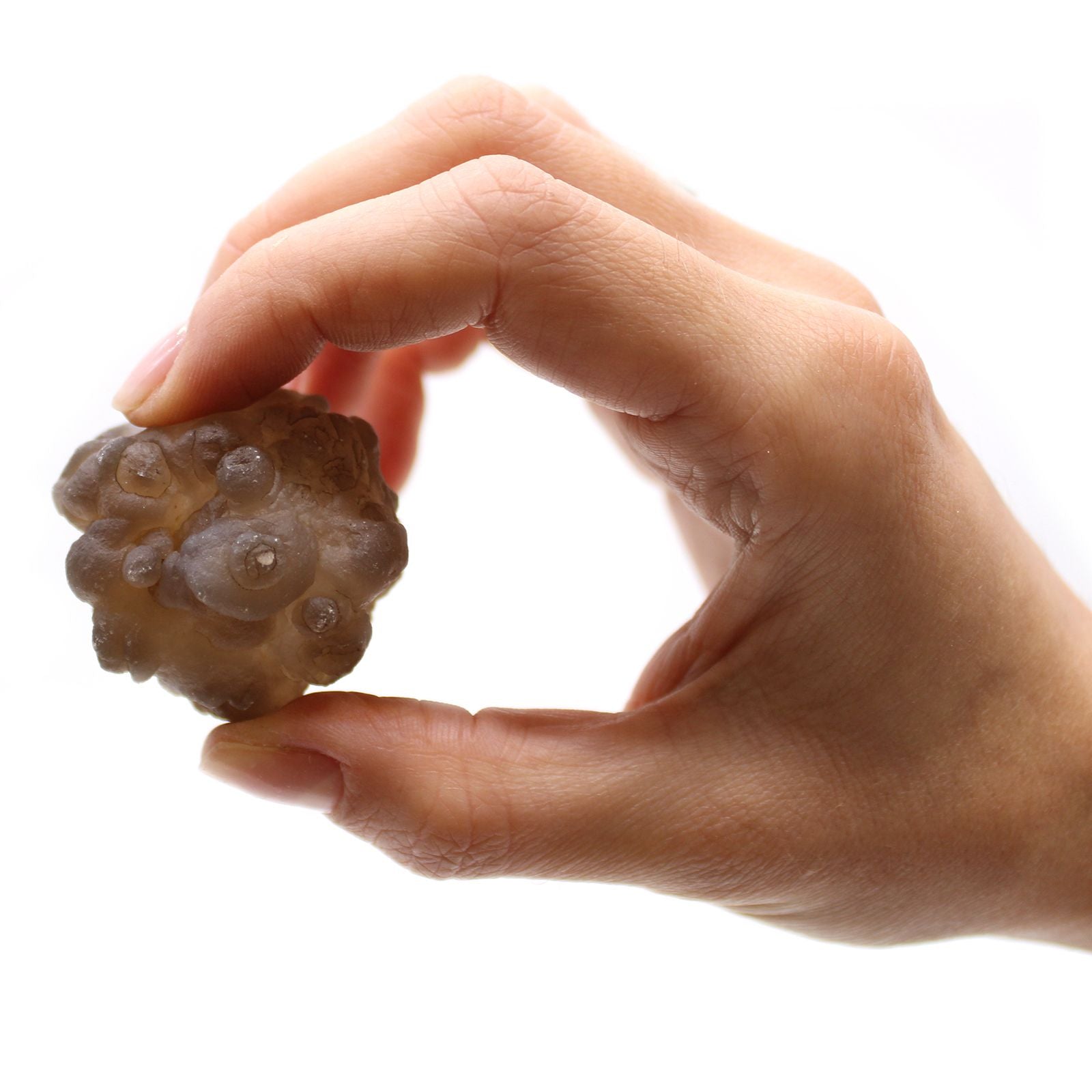 Alt Tag: Natural Chalcedony Mineral Specimens – 100-Piece Set, close-up of hand holding a natural chalcedony mineral specimen on white background
