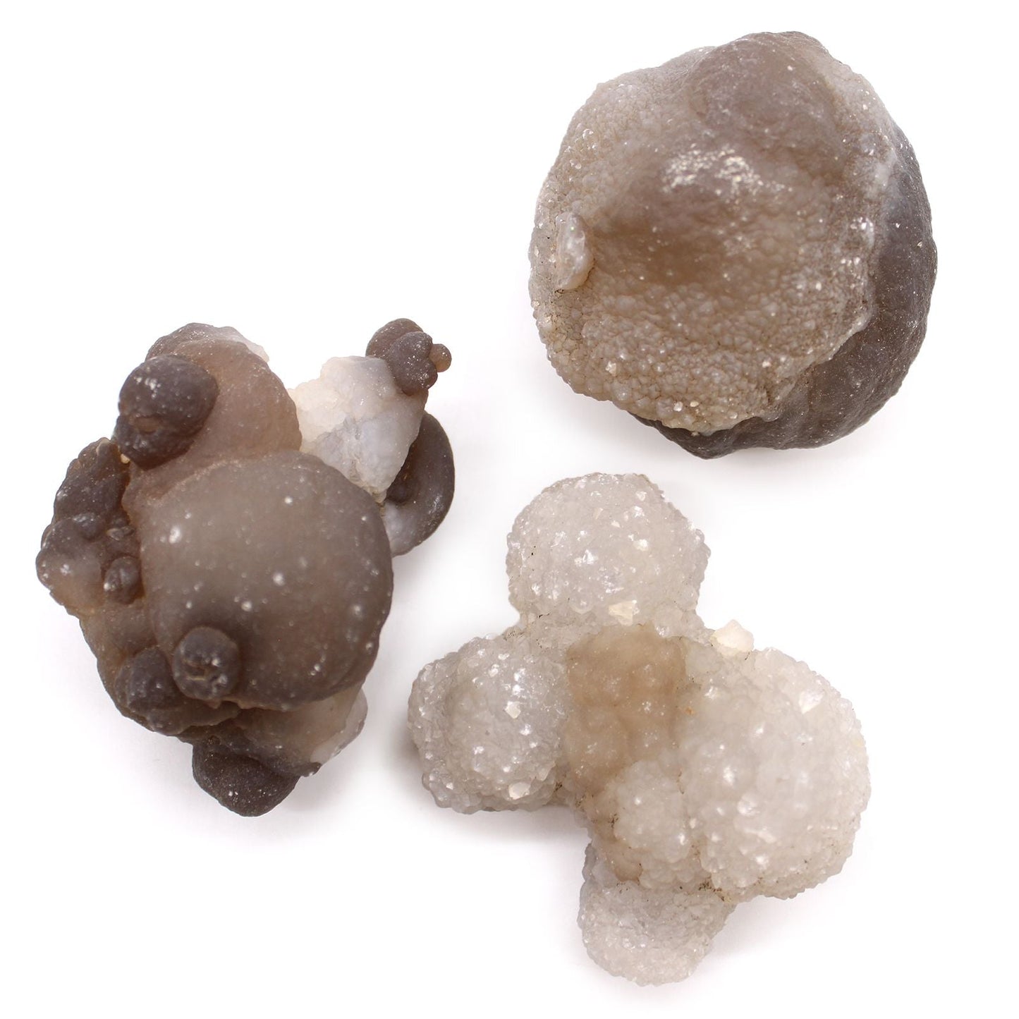 Natural Chalcedony Mineral Specimens – 100-Piece Set, close-up of three natural chalcedony mineral specimens on white background
