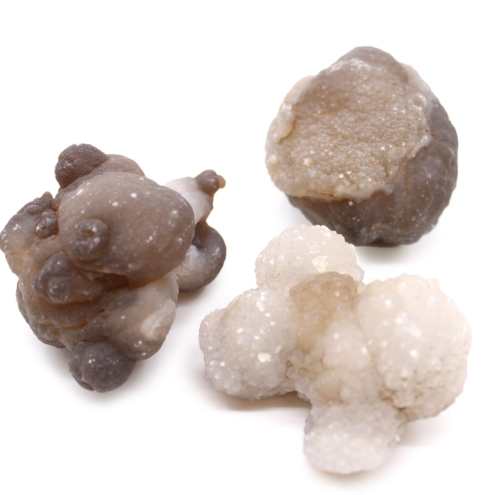 Alt Tag: Natural Chalcedony Mineral Specimens – 100-Piece Set, close-up of natural chalcedony mineral specimens with druzy texture on white background