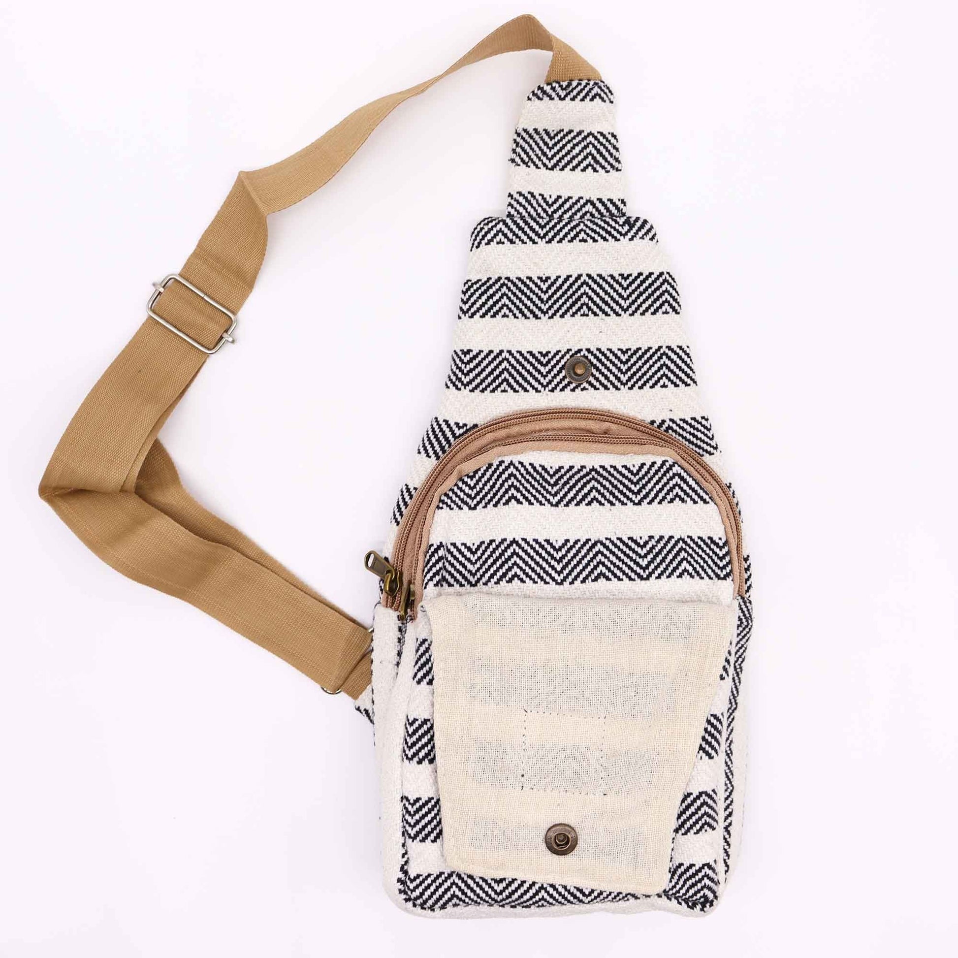 Alt Tag: Natural Cotton Cross Body Bag – Black & White, black and white woven cotton sling bag with adjustable tan strap and front pocket