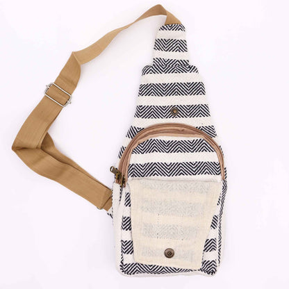 Alt Tag: Natural Cotton Cross Body Bag – Black & White, black and white woven cotton sling bag with adjustable tan strap and front pocket