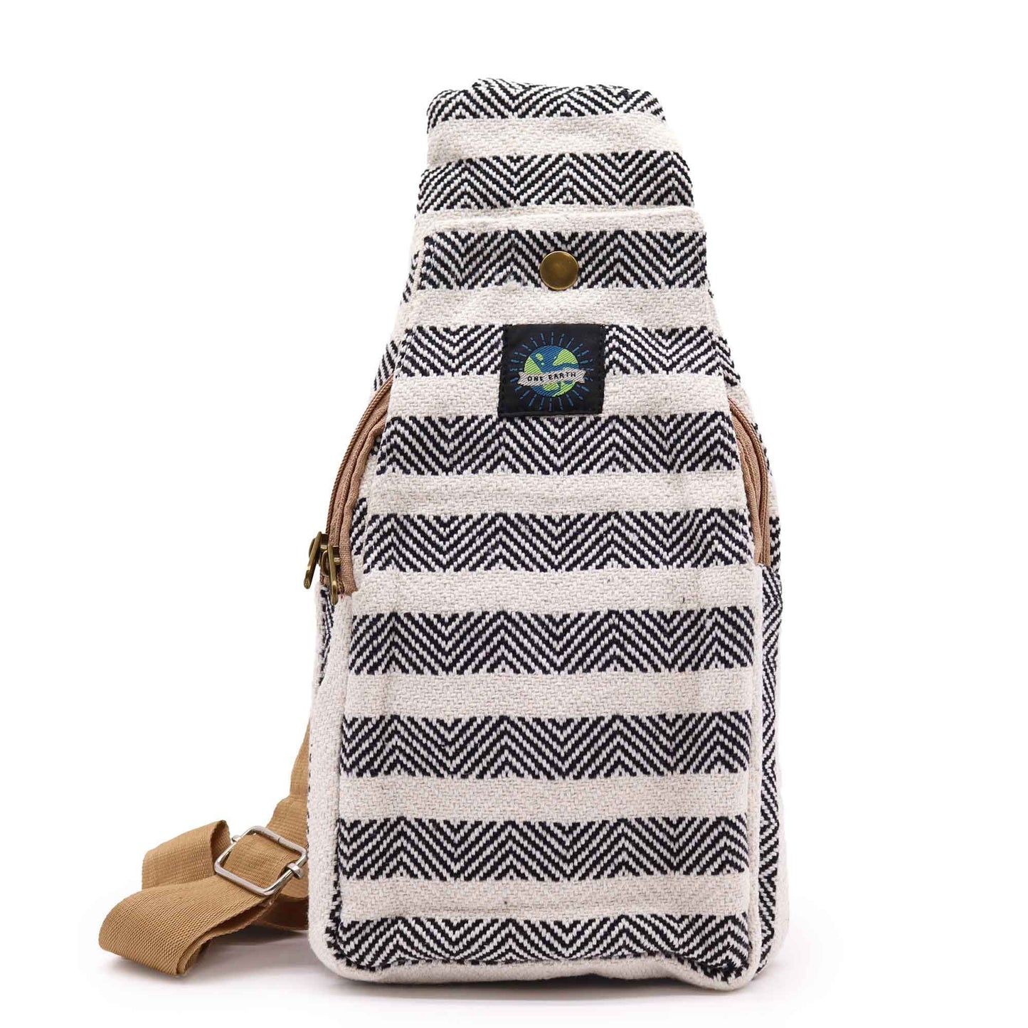 Natural Cotton Cross Body Bag – Black & White, monochrome striped cotton crossbody bag with adjustable shoulder strap and front button closure