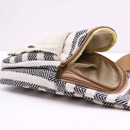 Natural Cotton Cross Body Bag – Black & White open zippered compartment, black and white woven cotton fabric detail