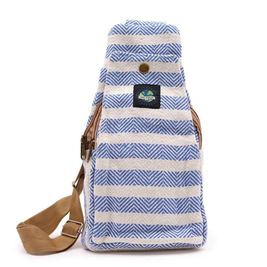 Natural Cotton Cross Body Bag – Blue & White with blue herringbone stripes, front button closure and adjustable tan strap