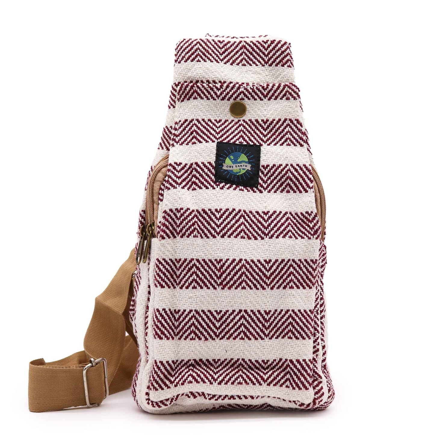 Natural Cotton Cross Body Bag – Burgundy & White, striped woven cotton crossbody bag with adjustable tan strap, front view