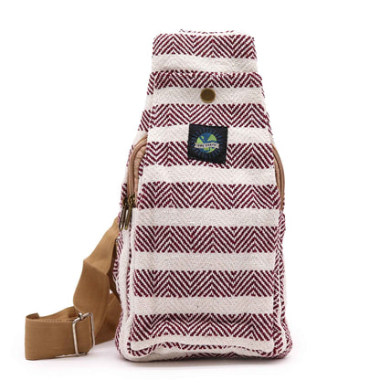 Natural Cotton Cross Body Bag – Burgundy & White, striped woven cotton crossbody bag with adjustable tan strap, front view