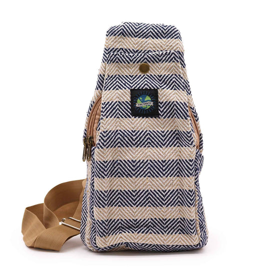 Alt Tag: Natural Cotton Cross Body Bag – Tan & Navy, tan and navy herringbone cotton sling bag with adjustable strap, front view