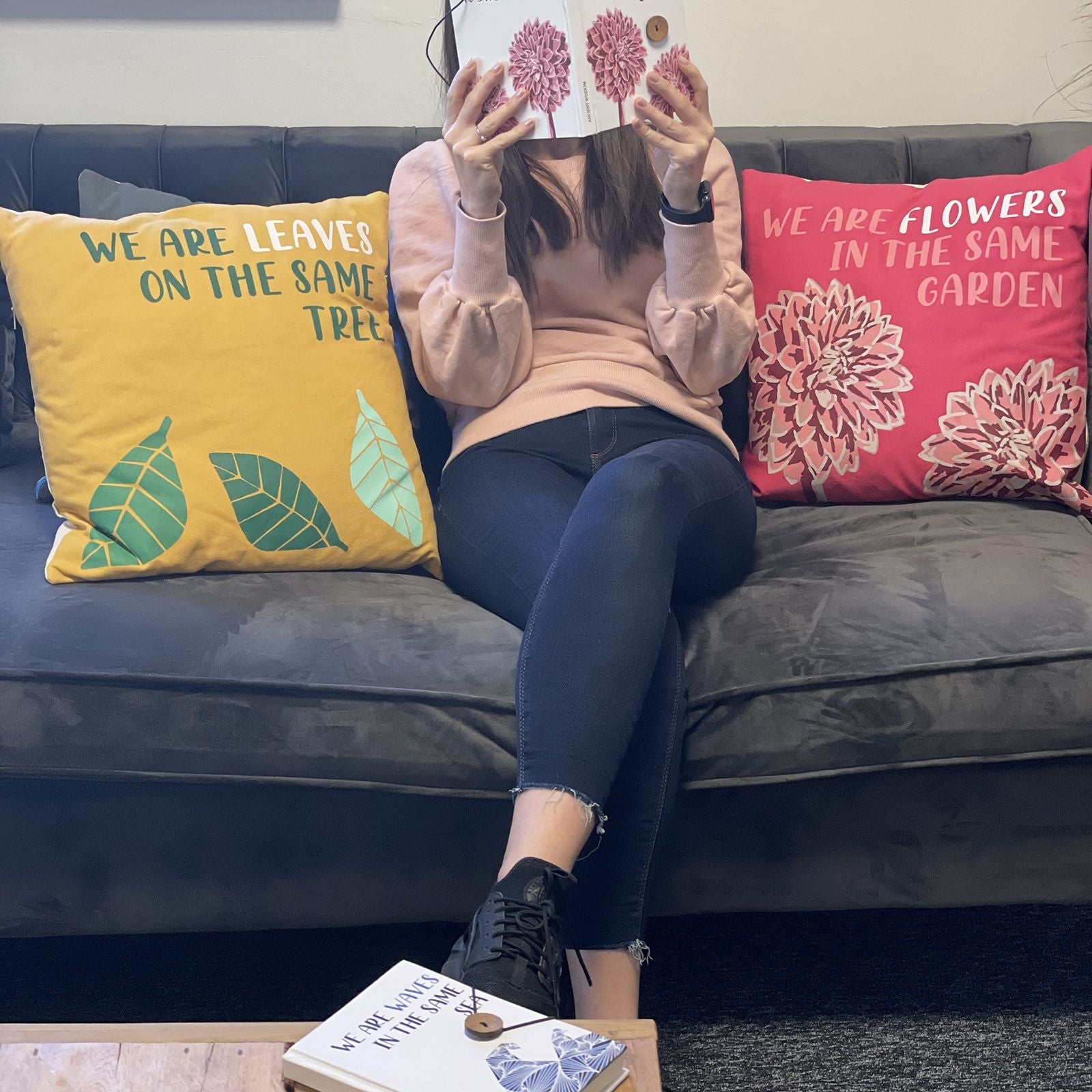 Funda de cojín de algodón natural – 45x45 CM en el sofá, estampado con el poema “We Are Leaves” y “We Are Flowers”, fundas de cojín de algodón para la sala de estar