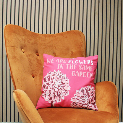Natural Cotton Cushion Cover – We Are Leaves, 45x45 CM on mustard armchair, pink cushion cover with floral print and text