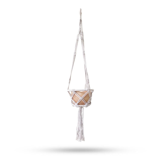 Natural Cotton Macrame Pot Holder – 16CM Hoop hanging planter holder with wooden hoop, natural cotton macrame, tassel, white background