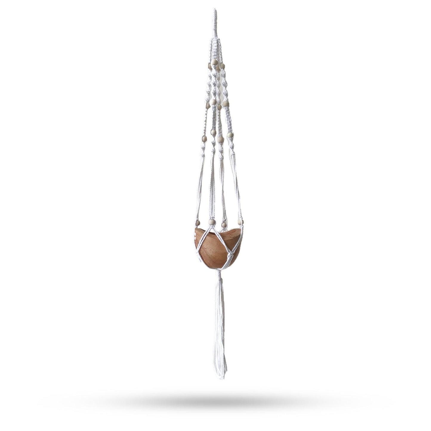 Natural Cotton Macrame Pot Holder – 1 Meter with wood bead accents, hanging planter holder displaying a brown pot on white background