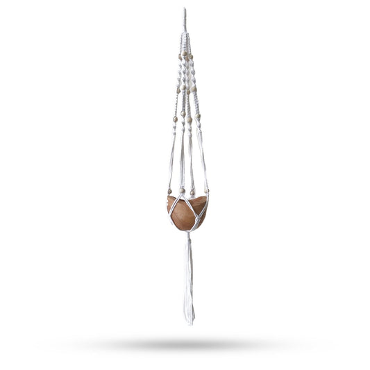 Natural Cotton Macrame Pot Holder – 1 Meter with wood bead accents, hanging planter holder displaying a brown pot on white background