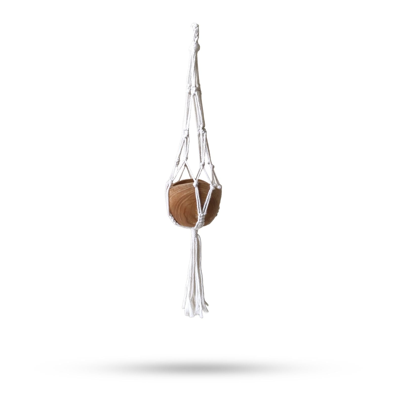 Alt Tag: Natural Cotton Macrame Pot Holder – Large hanging cotton macrame plant hanger with wooden base, boho home decor