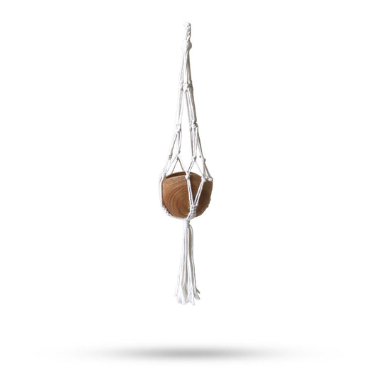 Alt Tag: Natural Cotton Macrame Pot Holder – Large hanging cotton macrame plant hanger with wooden base, boho home decor