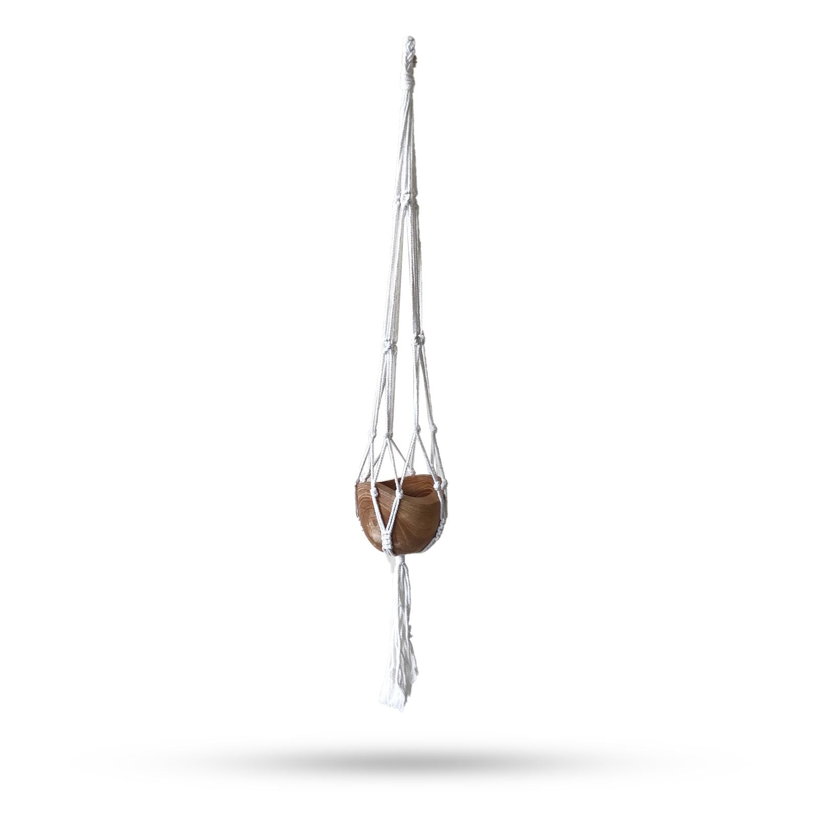 Natural Cotton Macrame Pot Holder – Medium, white handcrafted macrame plant hanger holding a brown pot, front view