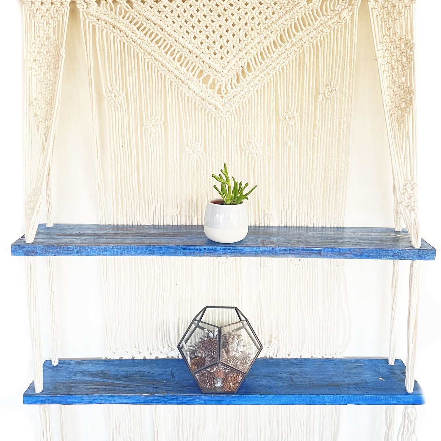 Natural Cotton Macrame Shelf – Blue with blue wood shelves, cotton macrame wall hanging, boho decor display with small plants