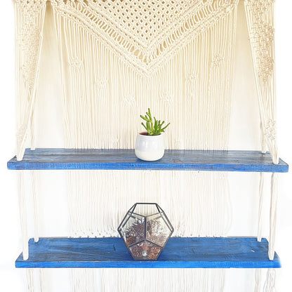 Natural Cotton Macrame Shelf – Blue with blue wood shelves, cotton macrame wall hanging, boho decor display with small plants