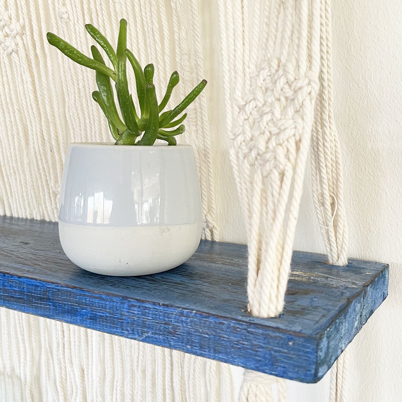 Natural Cotton Macrame Shelf – Blue with cotton macrame cords and blue wooden shelf holding a white planter
