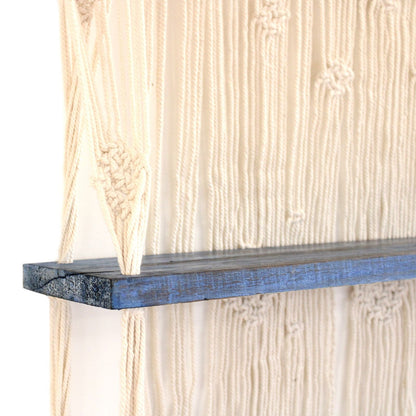 Natural Cotton Macrame Shelf – Blue close-up of blue-stained wood shelf and natural cotton macrame wall hanging