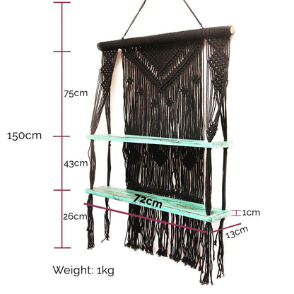 Natural Cotton Macrame Shelf – Blue colgante de macramé con 2 estantes de madera, medidas 150x72 cm, peso 1 kg