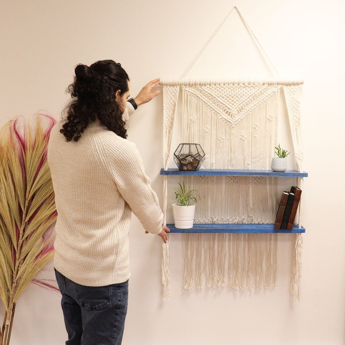 Natural Cotton Macrame Shelf – Blue wall hanging shelf with cotton macrame and wooden tiers, styled with plants and decor