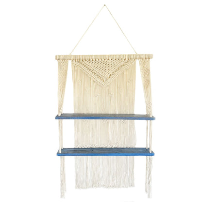 Alt Tag: Natural Cotton Macrame Shelf – Blue with natural cotton macrame wall hanging and two blue wooden shelves