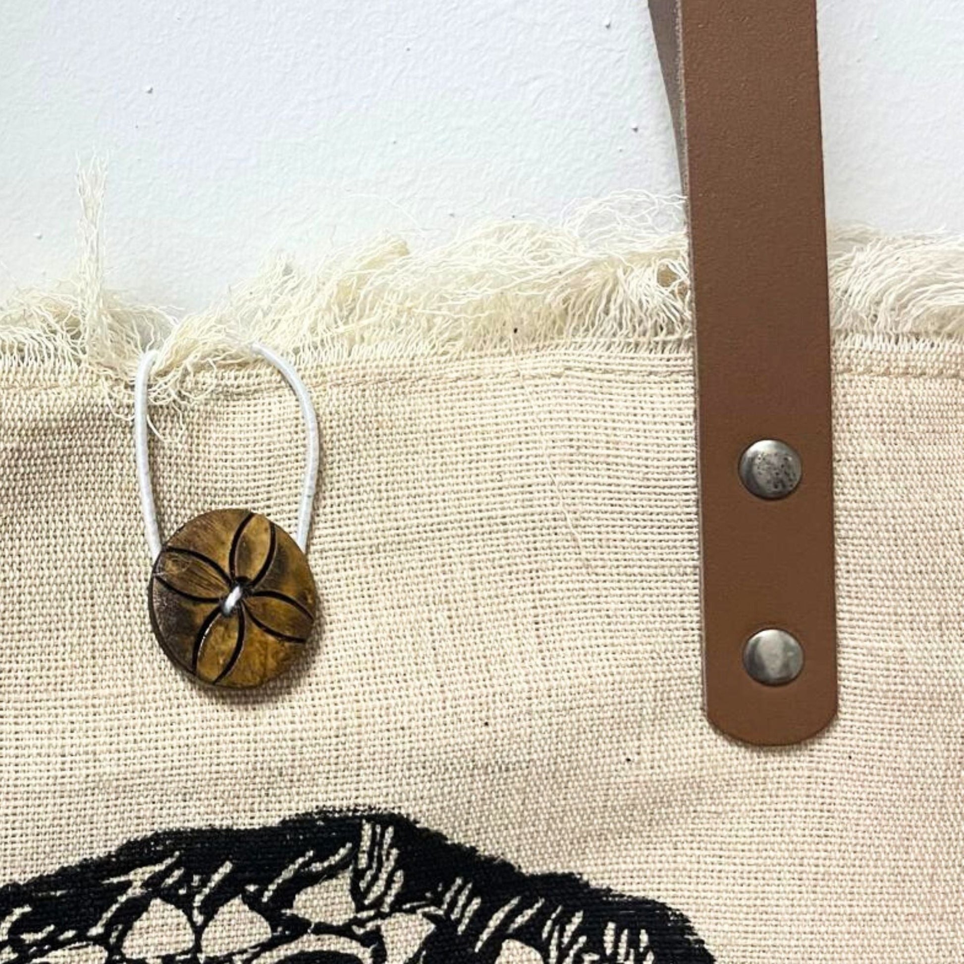 Alt Tag: Natural Cotton Tote Bag with Leather Handle – Mandala close-up of natural cotton fabric, leather strap with rivets and mandala print