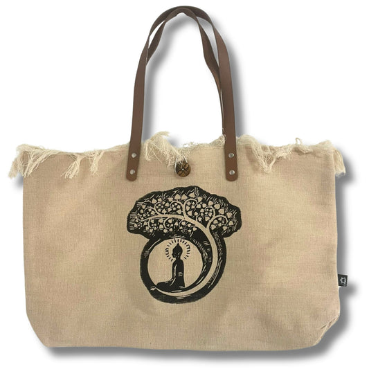 Alt Tag: Natural Cotton Tote Bag with Leather Handle – Buddha, bolso tote de algodón natural con asas de cuero y estampado Buddha