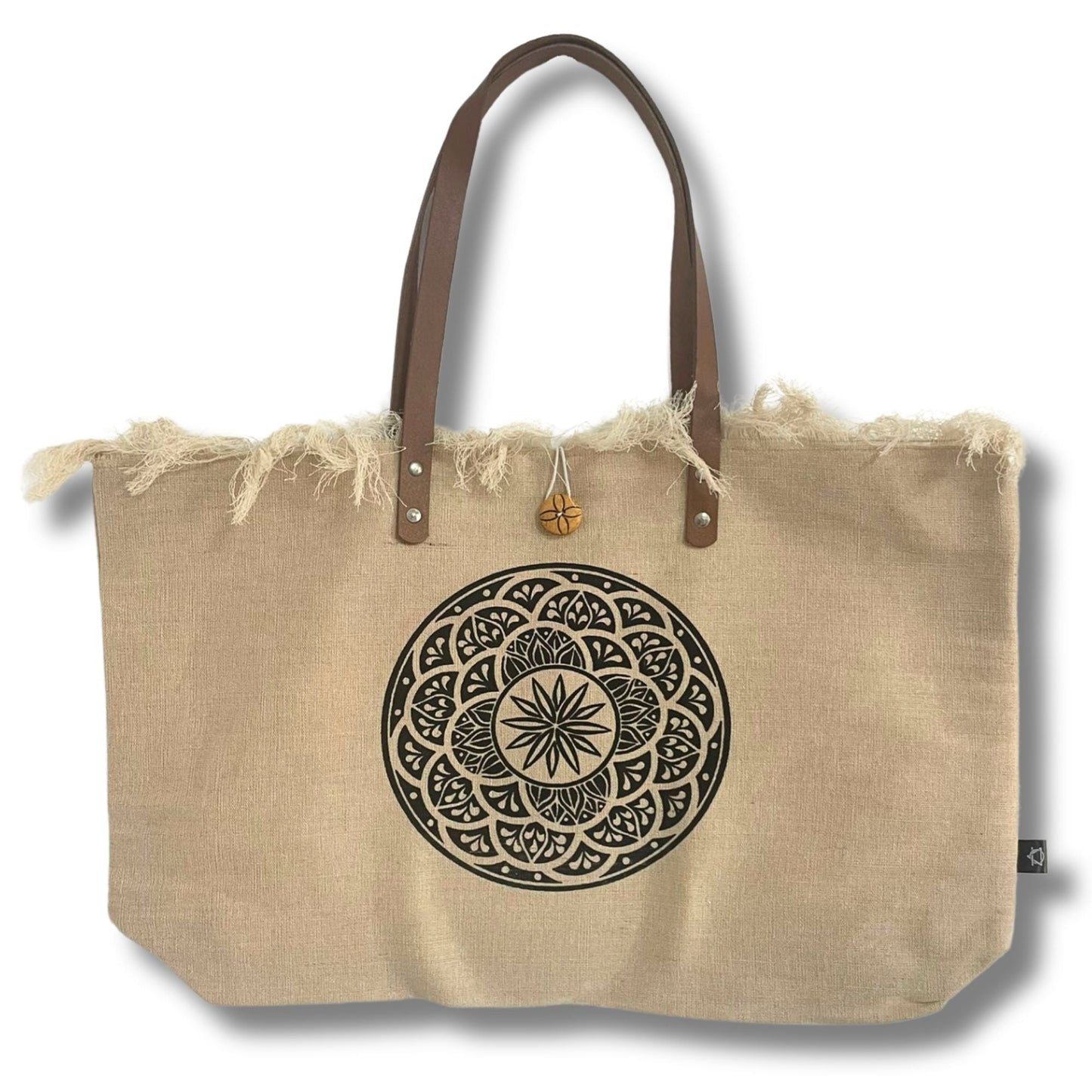 Natural Cotton Tote Bag with Leather Handle – Mandala, bolso tote de algodón natural con asas de cuero y estampado mandala
