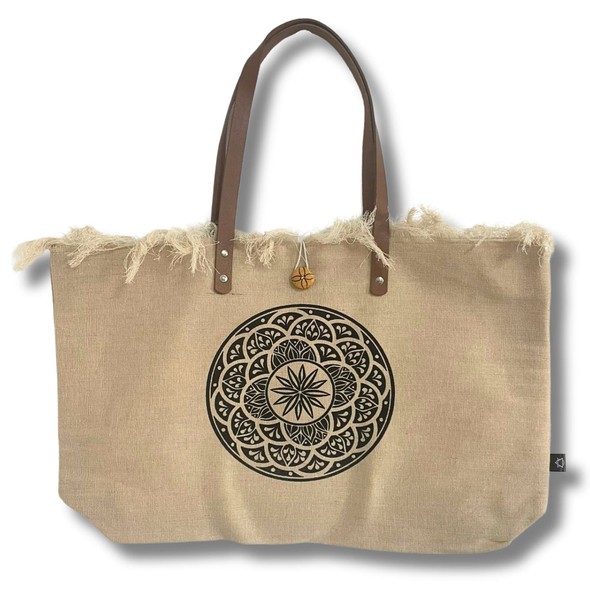 Natural Cotton Tote Bag with Leather Handle – Mandala, bolso tote de algodón natural con asas de cuero y estampado mandala