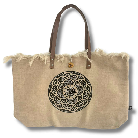 Natural Cotton Tote Bag with Leather Handle – Mandala, bolso tote de algodón natural con asas de cuero y estampado mandala