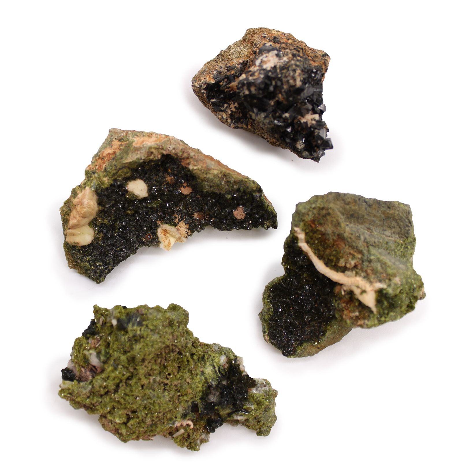 Alt Tag: Natural Epidote Minerals – 10-Piece Set, epidote mineral specimens with green and black crystalline textures on white background