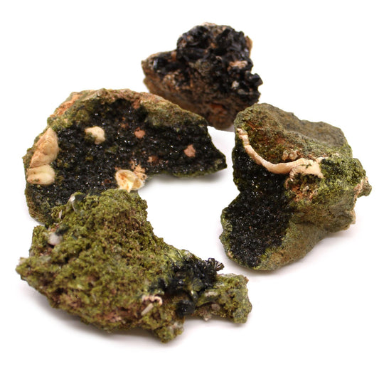 Alt Tag: Natural Epidote Minerals – 10-Piece Set, green epidote mineral specimens from Morocco on white background