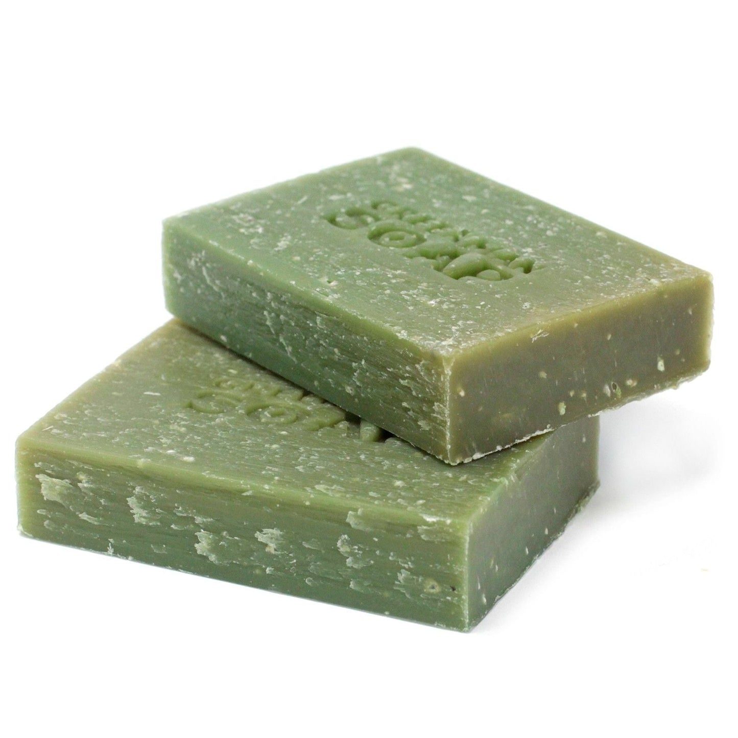 Alt Tag: Natural Gardener’s Scrub Soap – 100G Lemon & Basil barras de jabón exfoliante verde apiladas, vista de producto