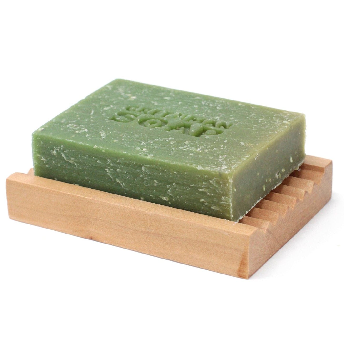 Natural Gardener’s Scrub Soap – 100G Lemon & Basil green exfoliating soap bar on wooden soap dish