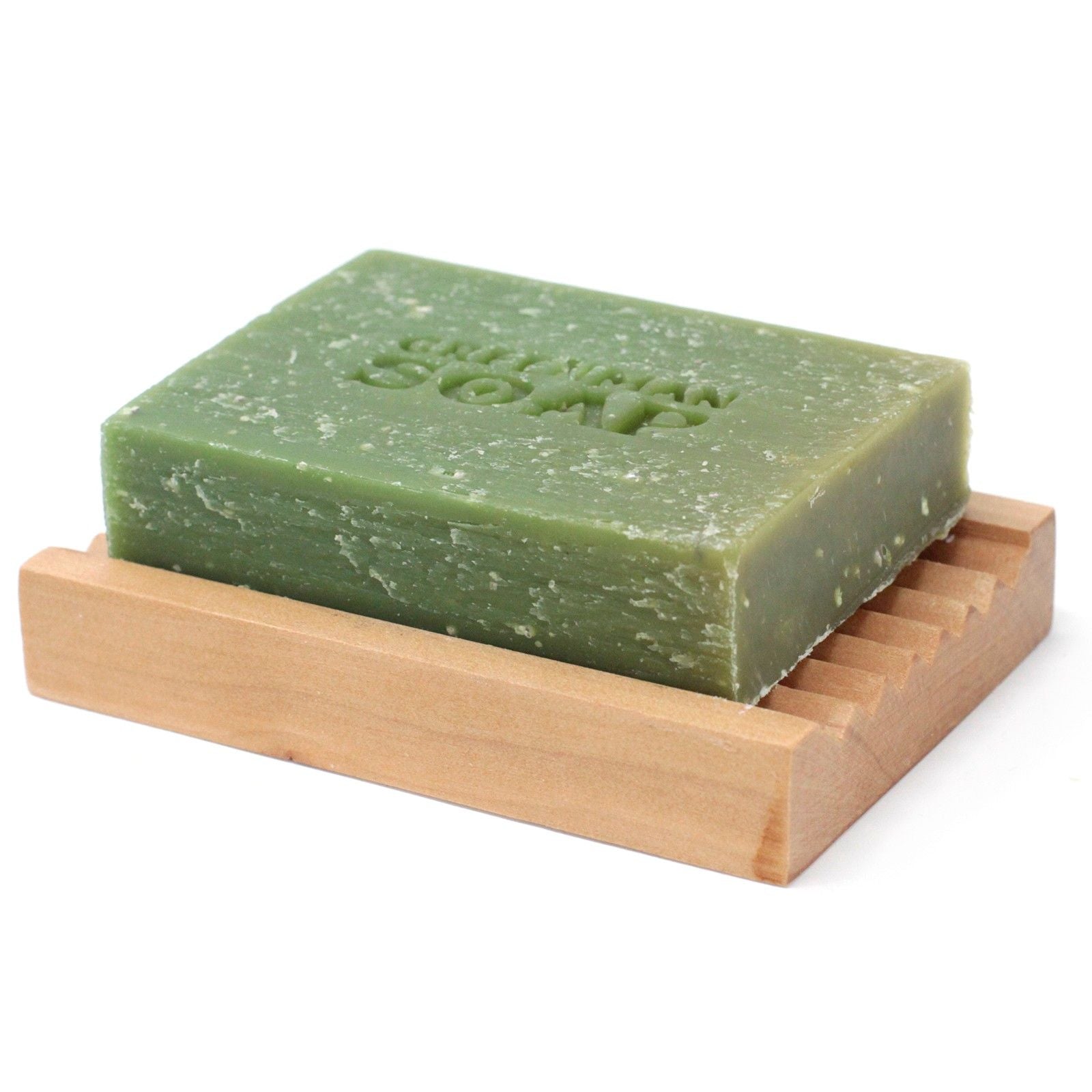 Natural Gardener’s Scrub Soap – 100G Lemon & Basil green exfoliating soap bar on wooden soap dish