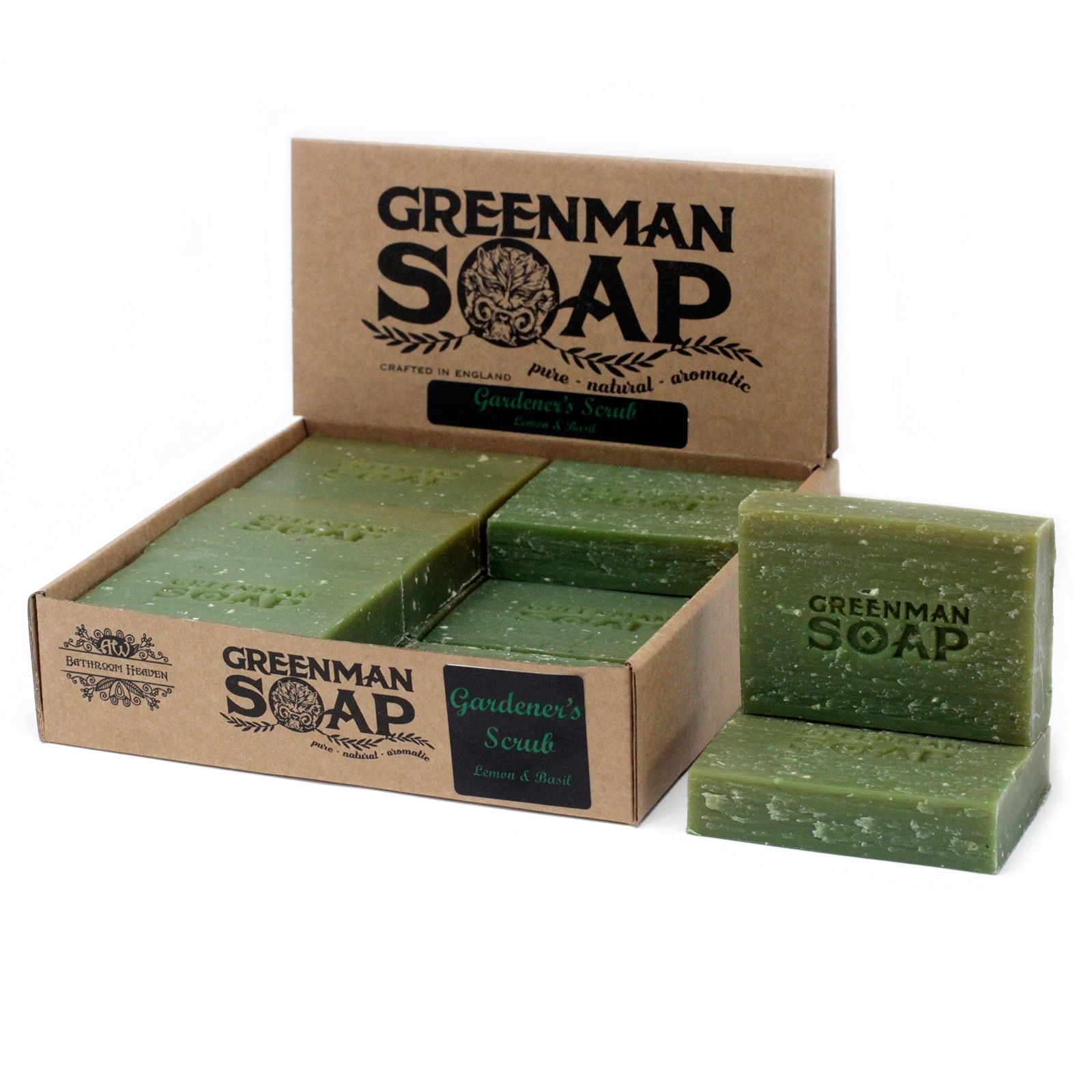 Natural Gardener’s Scrub Soap – 100G Lemon & Basil, barras de jabón verde exfoliante con caja Greenman Soap
