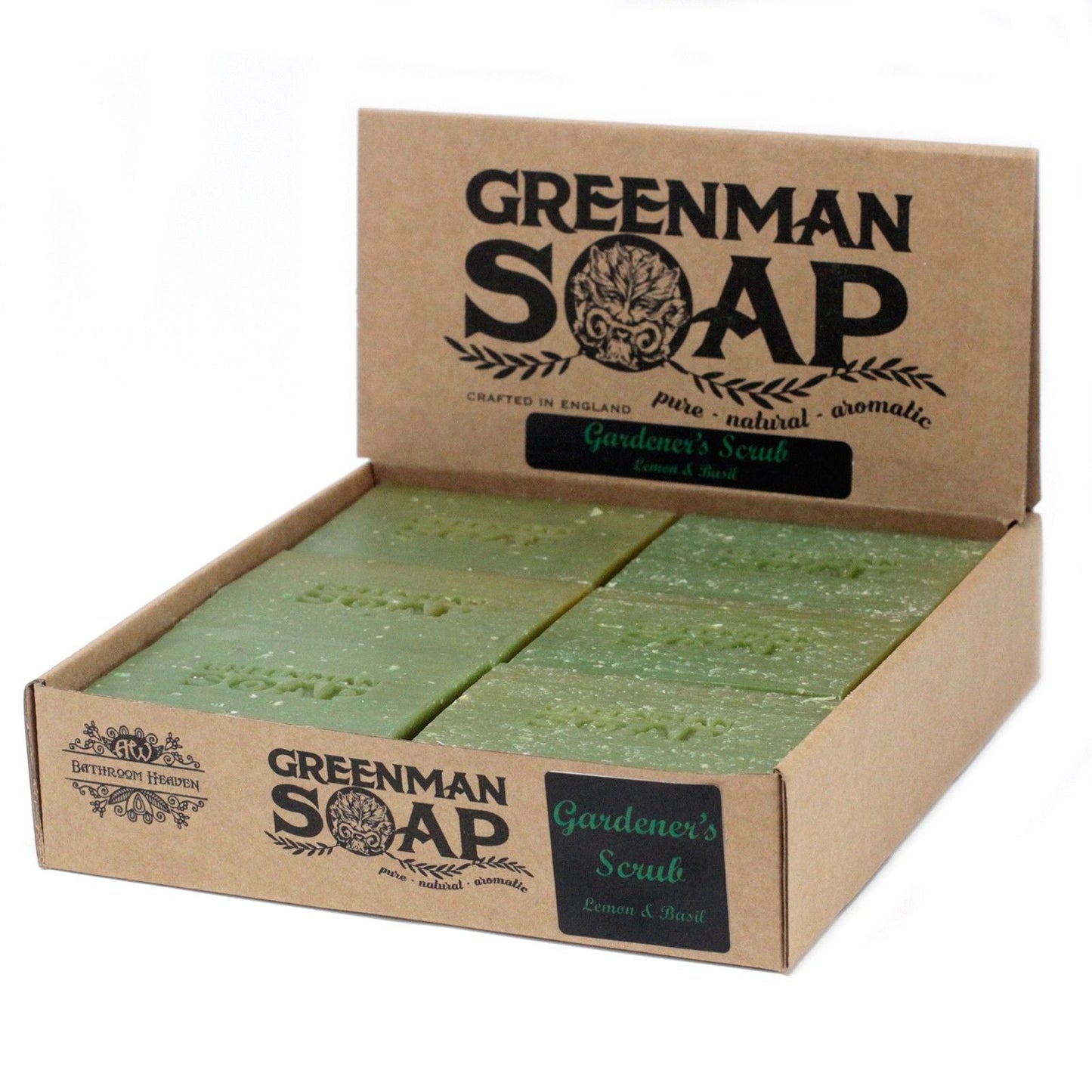 Natural Gardener’s Scrub Soap – 100G Lemon & Basil, barras de jabón exfoliante con limón y albahaca en caja Greenman Soap