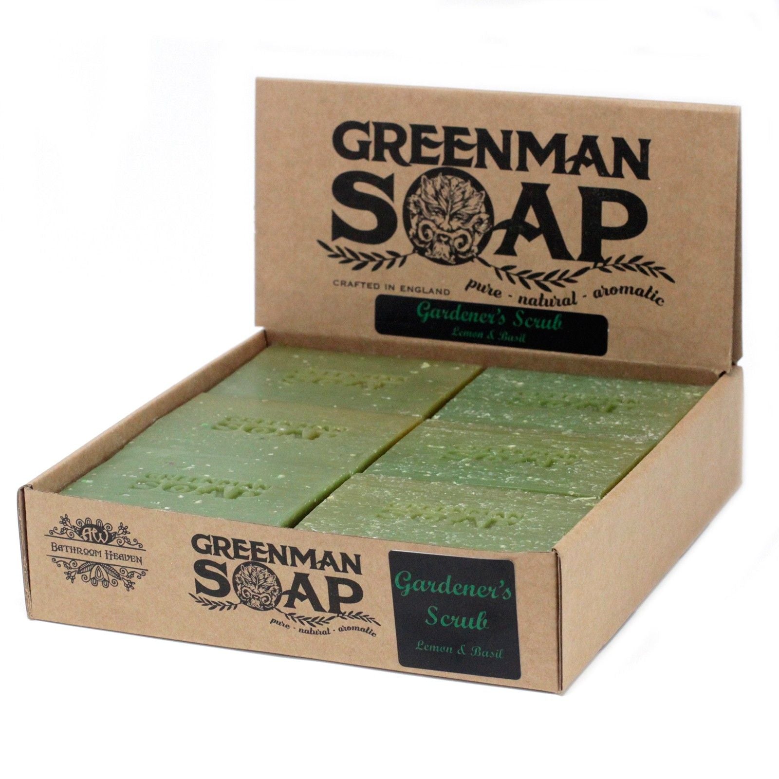 Natural Gardener’s Scrub Soap – 100G Lemon & Basil, barras de jabón exfoliante con limón y albahaca en caja Greenman Soap