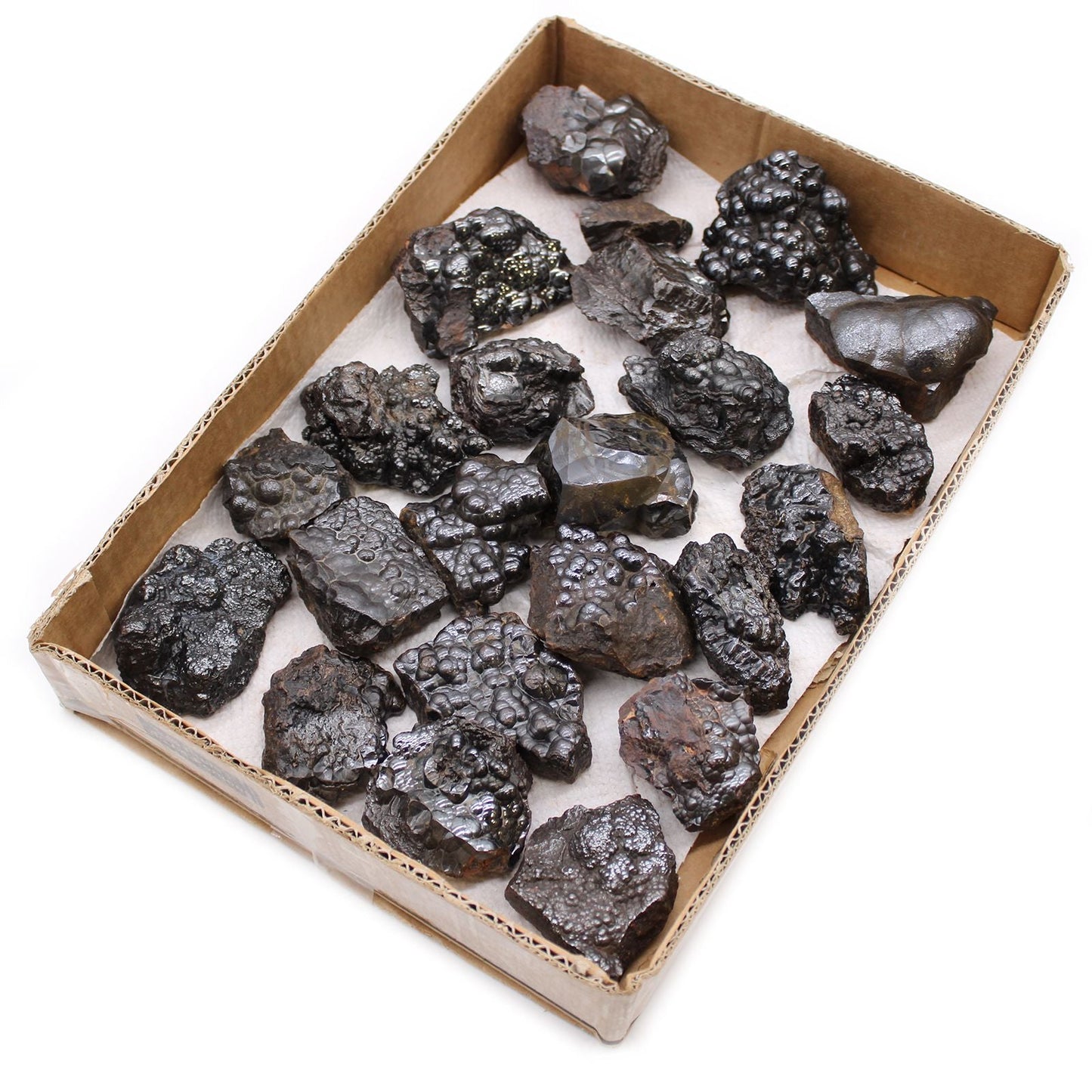 Alt Tag: Natural Hematite Mineral Specimens – Approx 20 Pieces in cardboard tray, metallic black hematite rocks for collectors and students