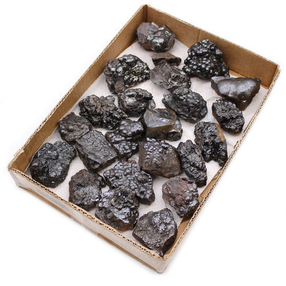 Alt Tag: Natural Hematite Mineral Specimens – Approx 20 Pieces in cardboard tray, metallic black hematite rocks for collectors and students
