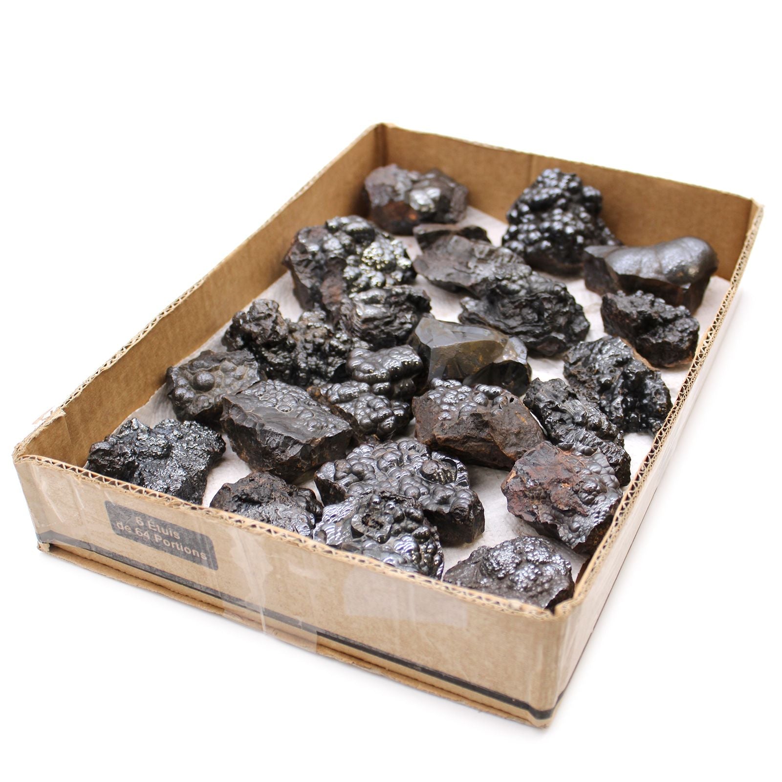Alt Tag: Natural Hematite Mineral Specimens – Approx 20 Pieces in cardboard tray, metallic black rough hematite rocks for collecting