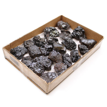 Natural Hematite Mineral Specimens – Approx 20 Pieces in tray, metallic black hematite rock specimens for collectors and students